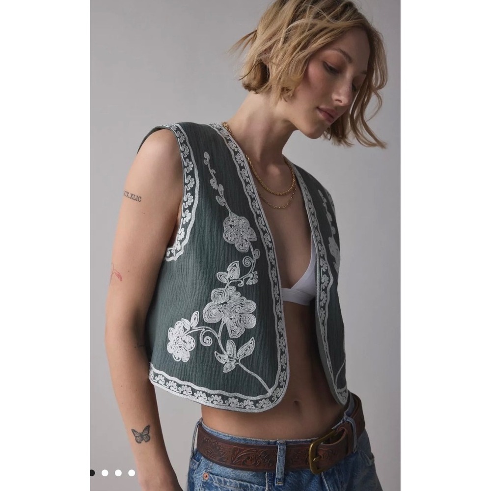 Zara Embroidered Gauze Vest XL Olive Green Excellent Boho Floral Open Front